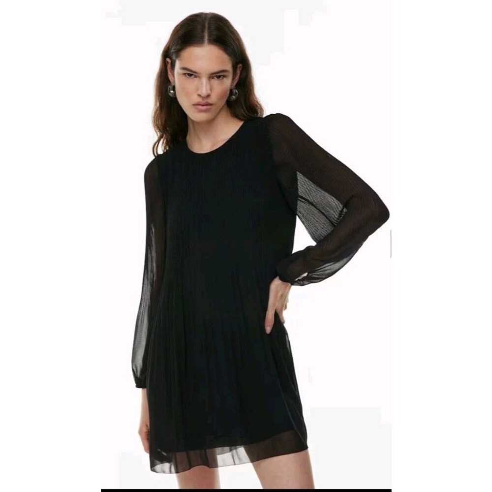Wilfred Aritzia Day Dreamer Pleated Chiffon Mini Dress Black Long Sleeve XL